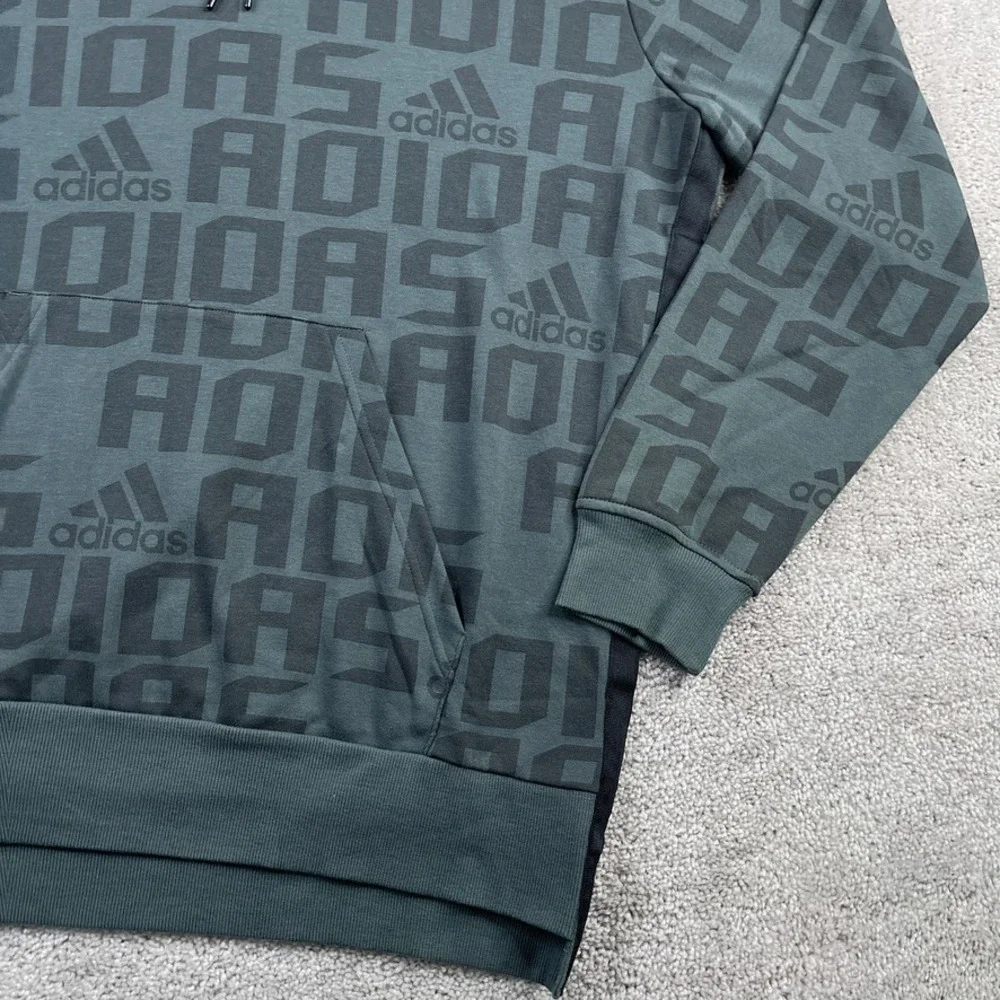 Adidas Hoodie Mens Medium Grey Logo AOP French Terry‎ Pullover Sweatshirt